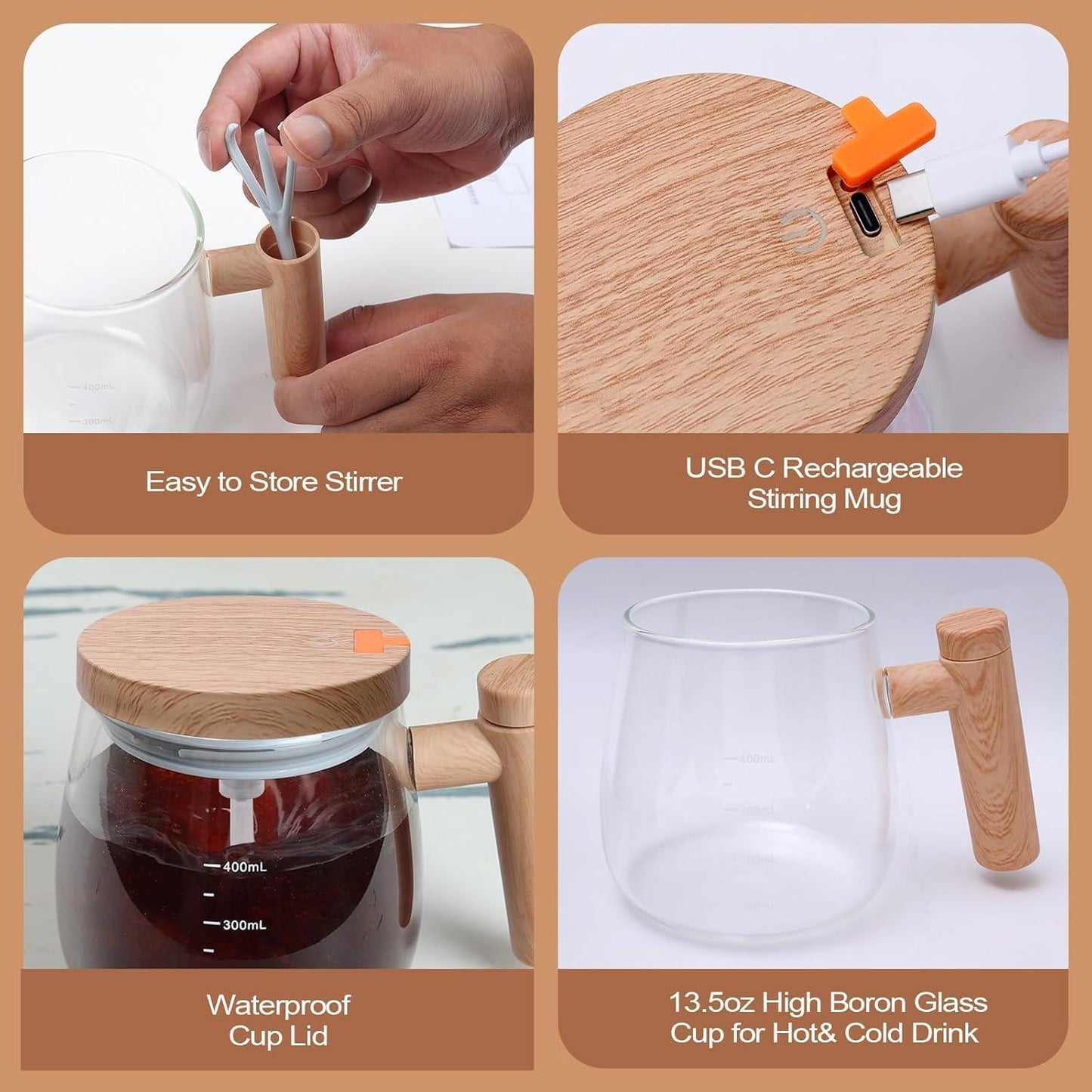 Self Stirring Coffee Mug – Wooden Design Automatic Mixing Cup for Tea & Coffee