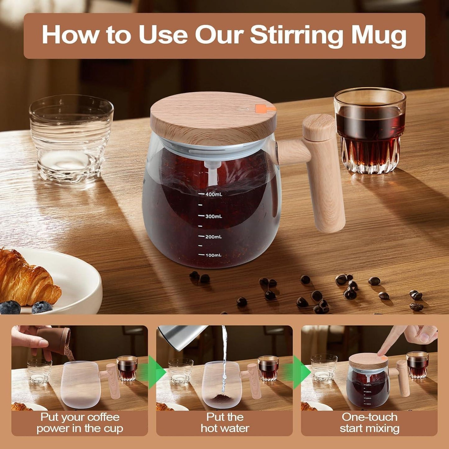 Self Stirring Coffee Mug – Wooden Design Automatic Mixing Cup for Tea & Coffee